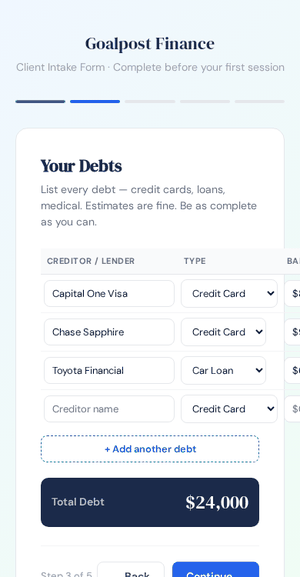 Goalpost Finance client intake form for building a personalized debt payoff plan