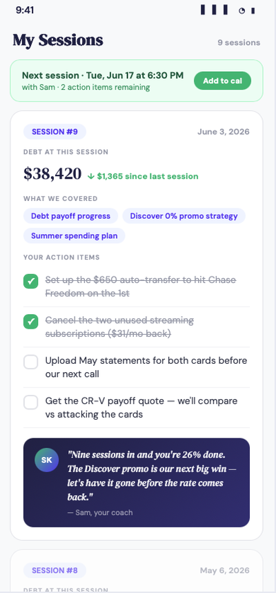 Goalpost Finance session notes with action items