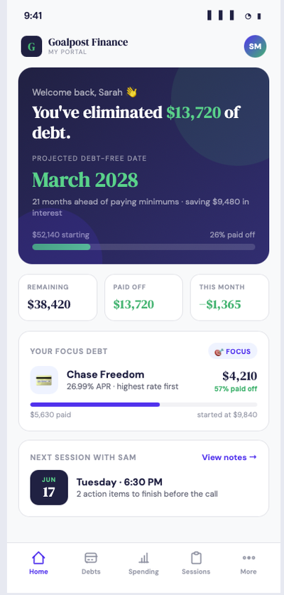 Goalpost Finance client portal dashboard with projected debt-free date